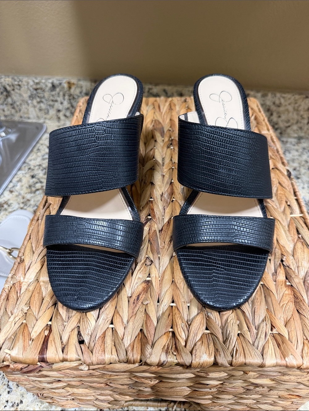 Jessica Simpson Black Textured Double-Strap Slide Mules